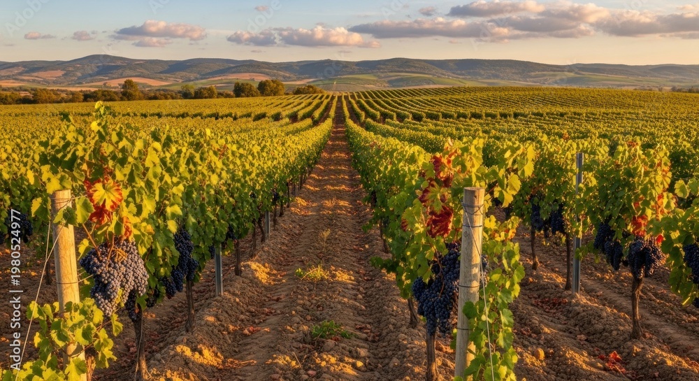 Fototapeta premium Vineyard Rows with Grapes and Mountains.