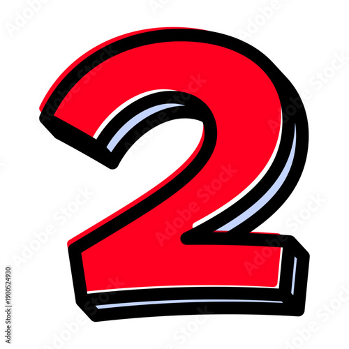 ポップな数字の「2」単体素材。黒太フチと赤文字のアメコミ風フォント。セール・価格用。