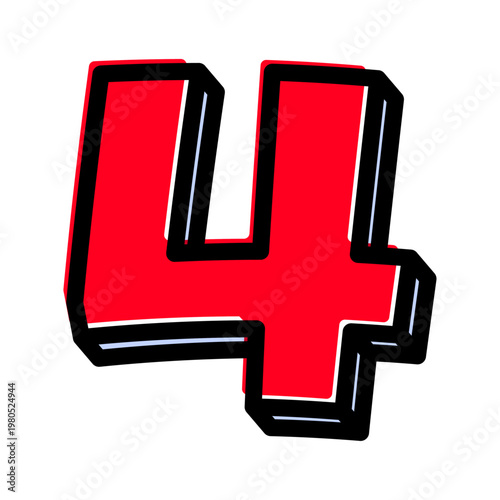 ポップな数字の「4」単体素材。黒太フチと赤文字のアメコミ風フォント。セール・価格用。