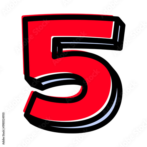 ポップな数字の「5」単体素材。黒太フチと赤文字のアメコミ風フォント。セール・価格用。