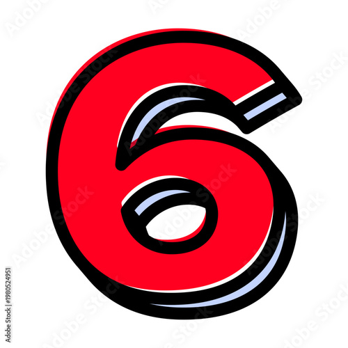 ポップな数字の「6」単体素材。黒太フチと赤文字のアメコミ風フォント。セール・価格用。