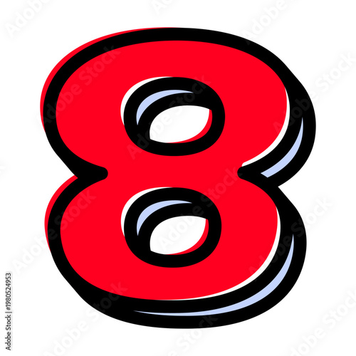ポップな数字の「8」単体素材。黒太フチと赤文字のアメコミ風フォント。セール・価格用。