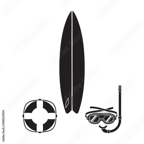 Surfing adventure icons with surfboard lifebuoy and snorkel