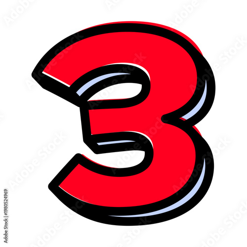 ポップな数字の「3」単体素材。黒太フチと赤文字のアメコミ風フォント。セール・価格用。