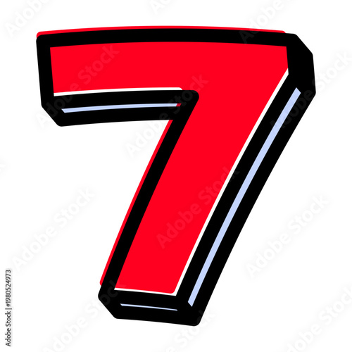 ポップな数字の「7」単体素材。黒太フチと赤文字のアメコミ風フォント。セール・価格用。