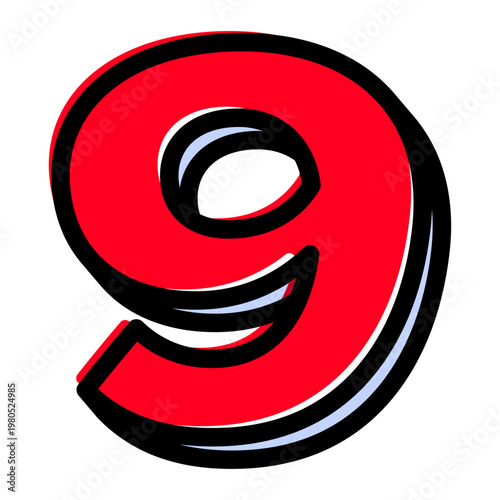 ポップな数字の「9」単体素材。黒太フチと赤文字のアメコミ風フォント。セール・価格用。