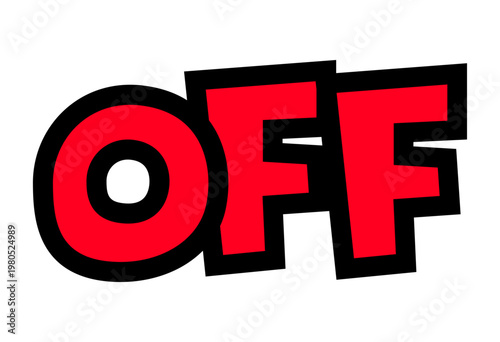 「OFF」の文字パーツ素材。黒太フチと赤文字のポップなセールロゴ。背景透過で広告バナーに最適。