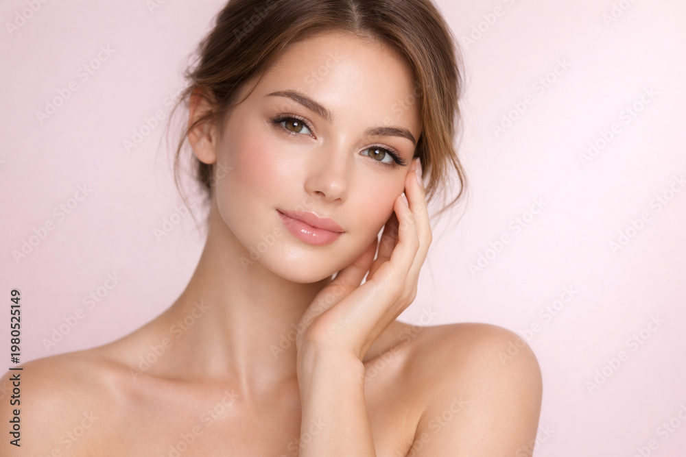Fototapeta premium Close up portrait of young woman with flawless skin and natural makeup, highlighting beauty, skincare, wellness, and self care with soft lighting and minimal background for cosmetic branding