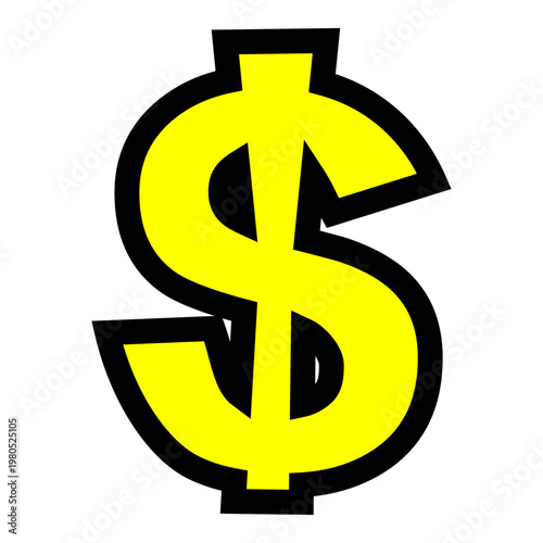 ドル記号「$」の文字パーツ。黒太フチと黄色文字のポップなアイコン。価格表示・セール・投資用。