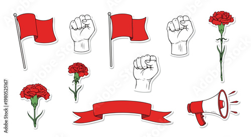 Flat vector sticker pack for Labor Day, May Day, or worker protest with fists, flags, carnations, and megaphone