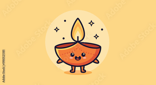 Cute Diya Lamp Character Illustration with Flame.