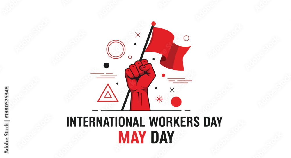 Fototapeta premium International Workers Day May Day labor day celebration with raised fist and flag in flat vector style for sticker pack
