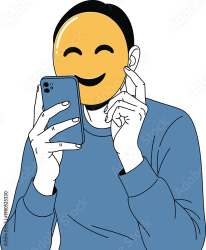 Young Man Holding Smartphone and Wearing a Happy Emoji Mask Illustration