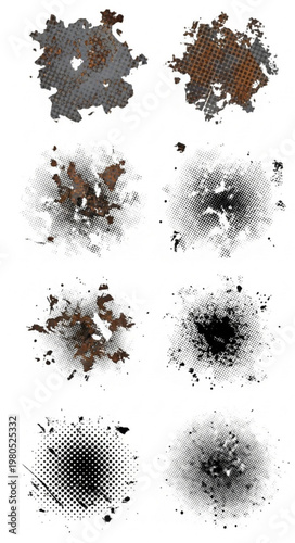 :
Grunge distressed overlay set with rusted metal peel textures and halftone elements vector collection
