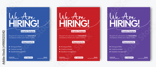 We are hiring poster template with handwritten and bold typography on blue red and purple background highlighting graphic designer role with requirements and apply button