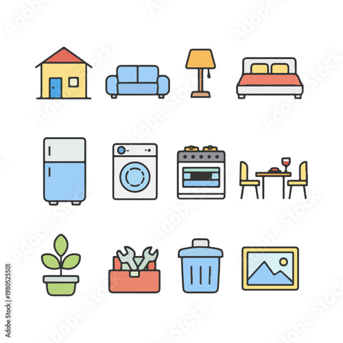 Set of Flat Icons Representing Home Appliances, Furniture, and Tools