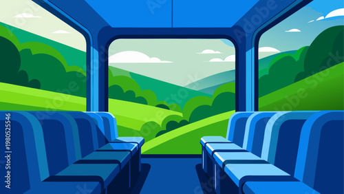 Interior view of a bus with large windows showing green landscape