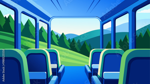 Empty bus seats facing large windows with scenic countryside view