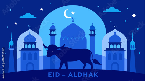 Silhouette of horse and rider under a crescent moon at night