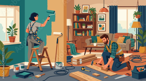 DIY Home Improvement Couple Painting and Flooring Room Illustration