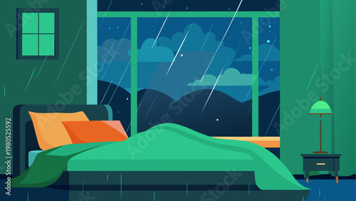 Modern bedroom with neon lighting and large window view of a cityscape