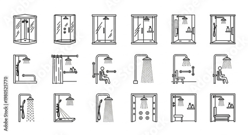Collection of hand drawn shower cabin icons and illustrations.