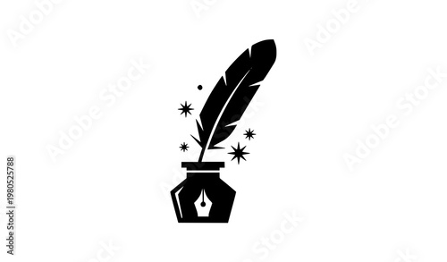 Geometric black quill pen logo with inkwell and star elements for modern branding design
