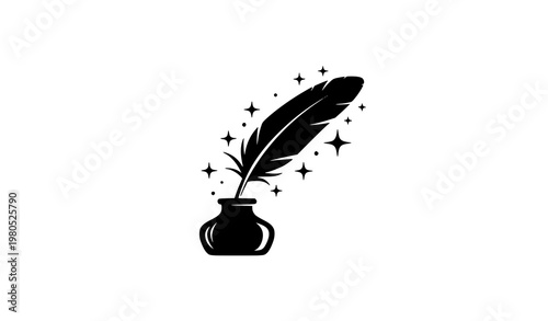 Creative black quill and inkwell logo with stars for artistic writing and publishing concept