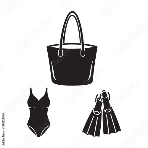 Beach fashion icons with tote bag swimsuit and flippers