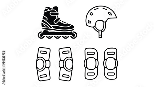 Roller Skate and Safety Gear: A set of roller skates and protective gear, symbolizing fun, safety, and outdoor activity. The minimalist line art evokes a sense of readiness and adventure.