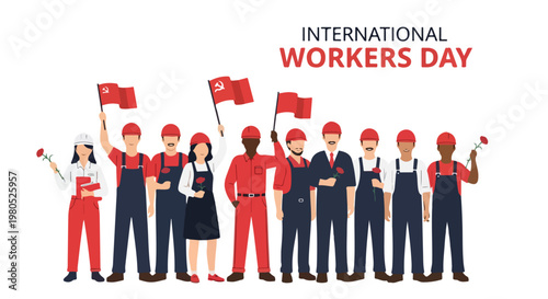 International Workers Day illustration with diverse workers holding flags and tools in solidarity