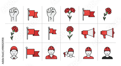 Flat vector sticker pack for Labor Day, May Day, and worker protests with union and solidarity icons