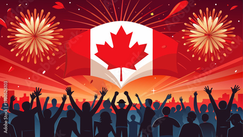 Vibrant fireworks exploding over a jubilant crowd at night