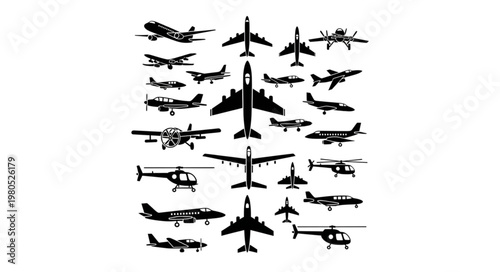 Collection of Silhouetted Aircraft and Helicopters.