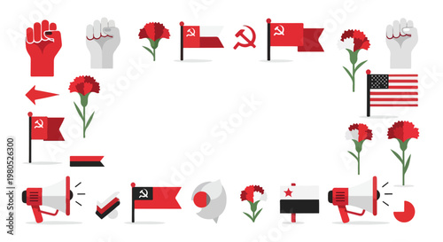Labor Day union worker protest symbols with flags and roses on isolated background for sticker pack