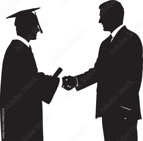Silhouette of a graduate shaking hands with a person in a suit black and white higher education