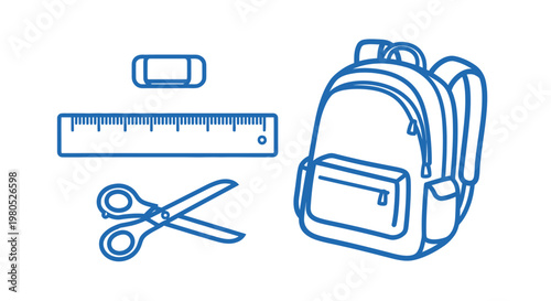 Back to School Supplies: Backpack, Scissors, Ruler, Eraser - Blue Line Art Icon