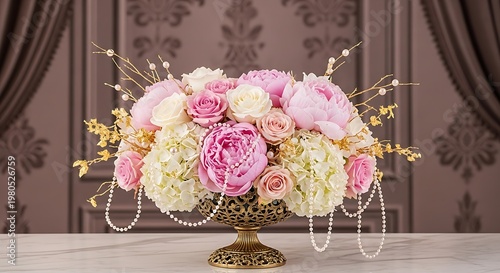 A large bouquet of pink and white roses in a gold vase