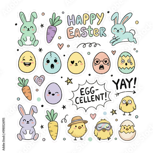 Happy Easter greeting with cute bunnies, chicks, and decorated eggs, perfect for cards and decorations