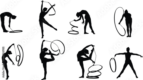Rhythmic gymnastics silhouettes collection featuring female athlete performing ribbon and hoop routines, showcasing flexibility, balance, elegance, and dynamic motion isolated on white background