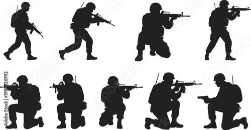 Set of military soldier silhouettes isolated on transparent background