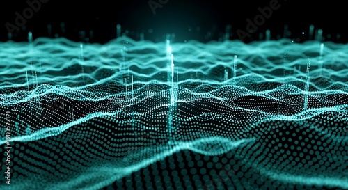 A futuristic digital landscape with glowing blue lines and dots on a black background