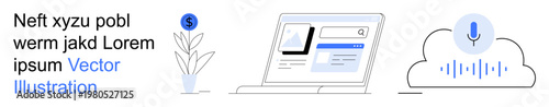Business planning, digital services, financial technology, cloud storage, data organization, voice recognition. Visual includes a laptop, a financial plant icon and a voice in the cloud. Business