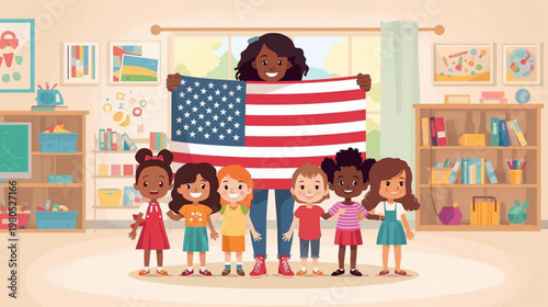 cartoon illustration of A group of diverse children and an adult holding a large American flag in a classroom 