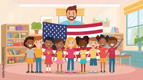 cartoon illustration of A group of diverse children and an adult holding a large American flag in a classroom 