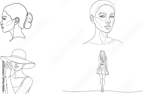 Continuous Line Art Female Bundle – Beauty Face Portrait, Elegant Woman with Hat, Back View Walking Girl Minimal One Line Drawing Vector Set