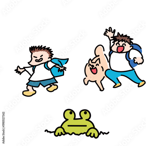 ランドセル開けっ放しで登校するいたずらっこの小学生とかえると友だち