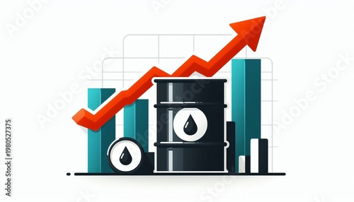 An oil tank with a bar graph showing the trend and an upward-pointing arrow. The oil price is represented by an icon showing an increasing trend. All on a white background. Illustration