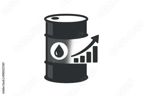 An oil tank with a bar graph showing the trend and an upward-pointing arrow. The oil price is represented by an icon showing an increasing trend. All on a white background. Illustration