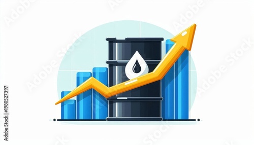 An oil tank with a bar graph showing the trend and an upward-pointing arrow. The oil price is represented by an icon showing an increasing trend. All on a white background. Illustration